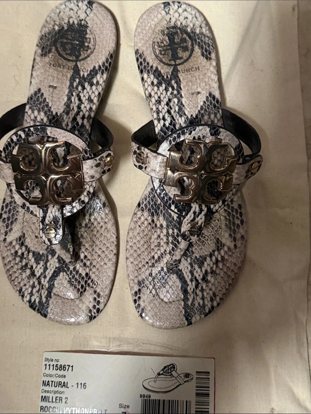 Tory Burch Python-Print Logo Thong Sandals in Natural